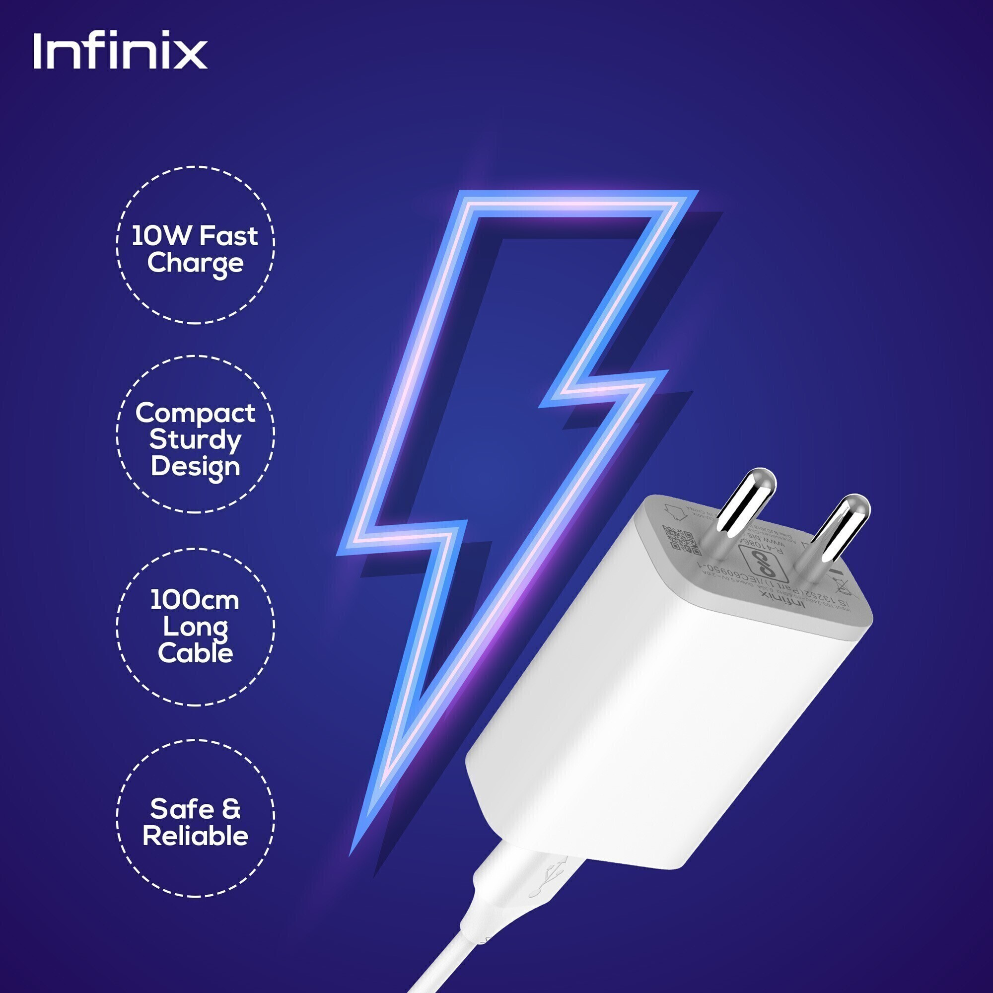 Infinix 10 W Quick Charge 2 A Wall Charger for Mobile with Detachable Cable (White, Cable Included) - Image 4
