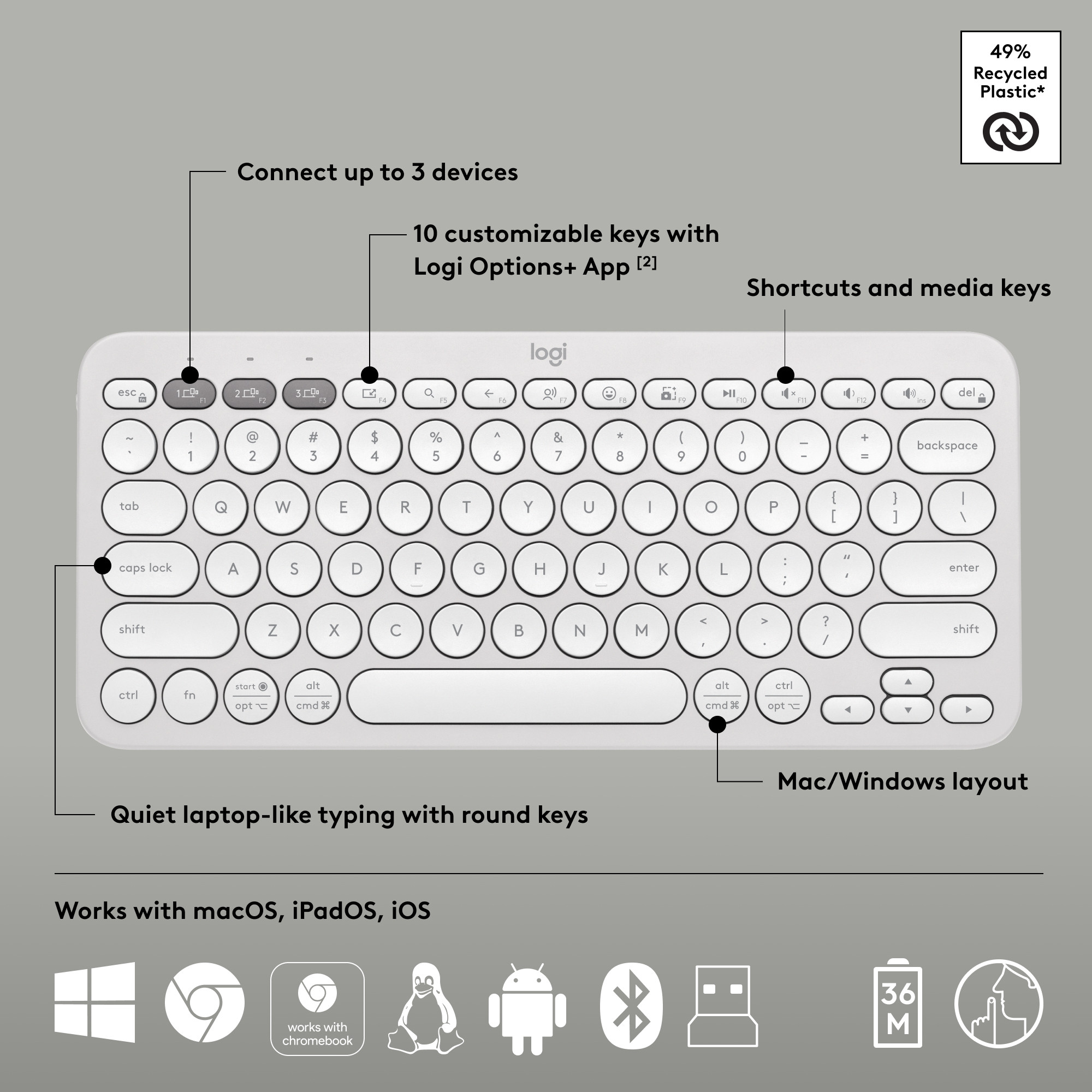 Logitech Pebble 2 Combo Bluetooth Standard Multi-device Keyboard Compatible with Desktop - Image 3