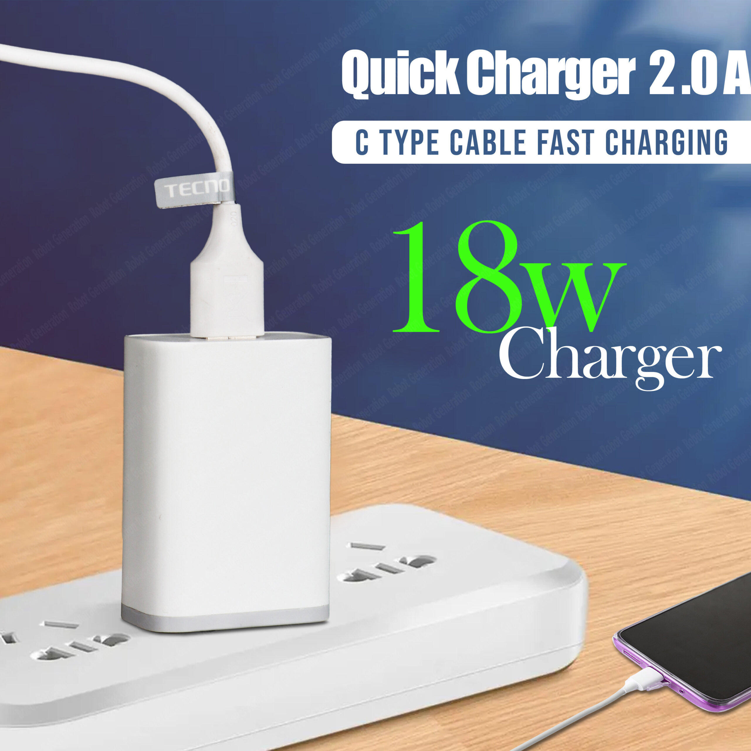 Tecno 18 W Quick Charge 2 A Wall Charger for Mobile (White, C-Type, Cable Included) - Image 4