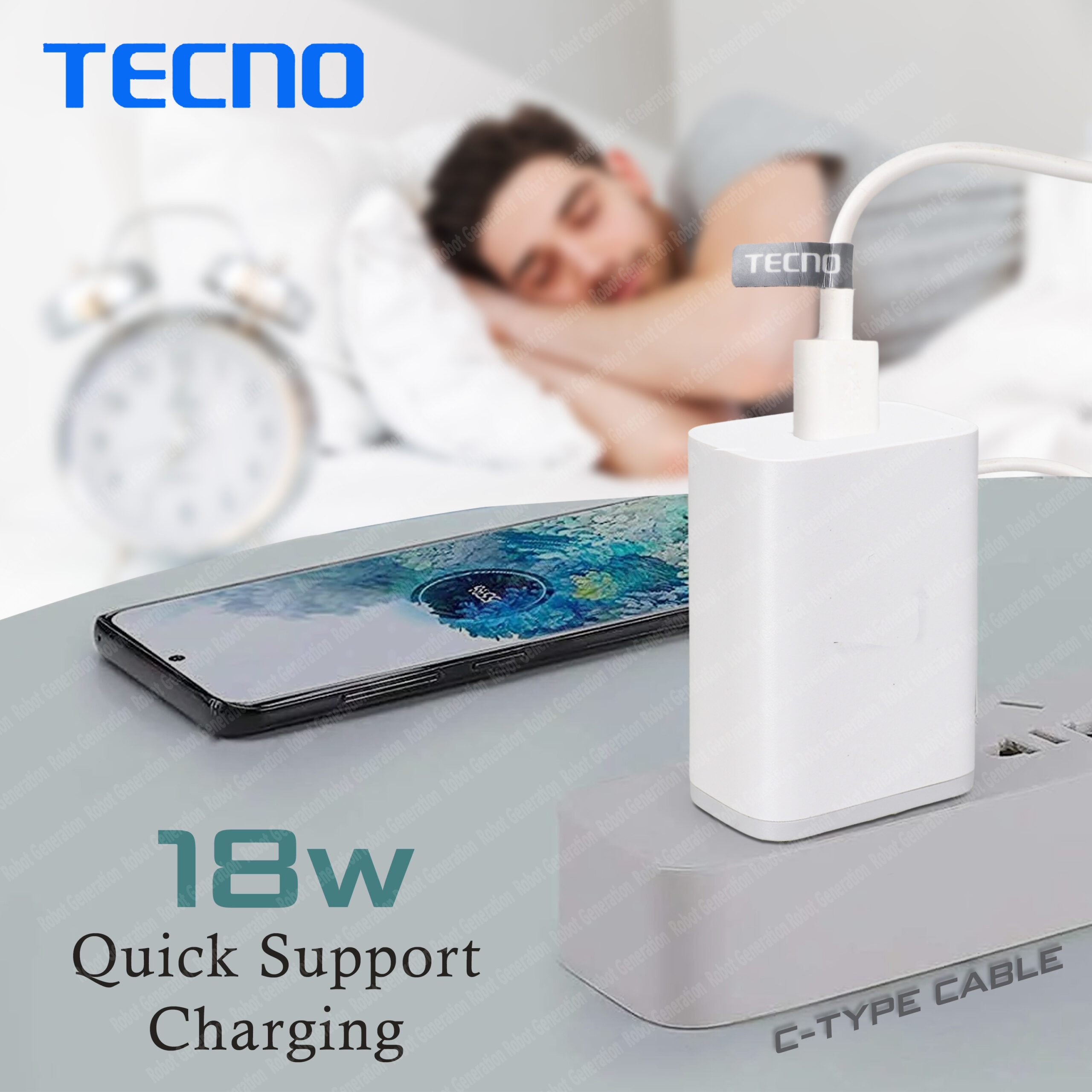 Tecno 18 W Quick Charge 2 A Wall Charger for Mobile (White, C-Type, Cable Included) - Image 3
